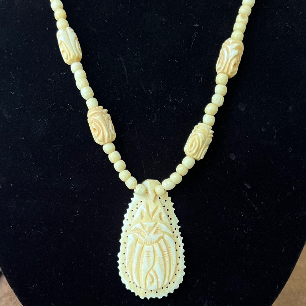 Hand Carved Artisan Bone 25” Pendant Necklace From India